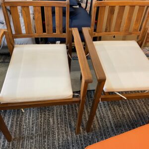 Two Outdoor Wood Chairs with Beige Tieable, Zippered Cushions. 23x21x33"H