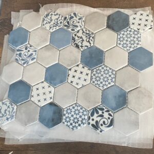 Blue Multi Patterened, Recycled Glass, Hexagon Tile. 9 Pieces Available. 11.7x10.2