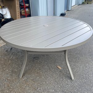Outdoor Grey Metal 53" Dinning Tablewith COvered Umbrella Hole. 28"H. Seates 4-6