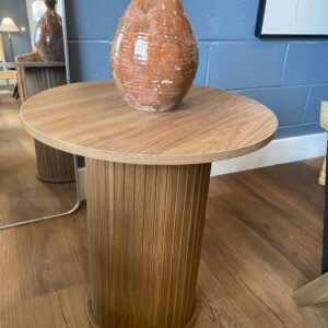 Fluted wood veneer side table, 22”H, 20”D